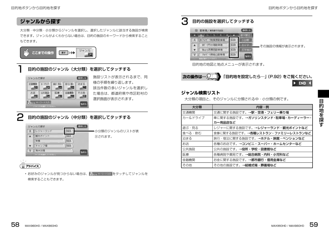 Clarion MAX860HD ジャンルから探す, ジャンル検索リスト, 目的の施設のジャンル（大分類）を選択してタッチする, 目的の施設のジャンル（中分類）を選択してタッチする, 大分類の項目と、そのジャンルに分類される中・小分類の例です。 