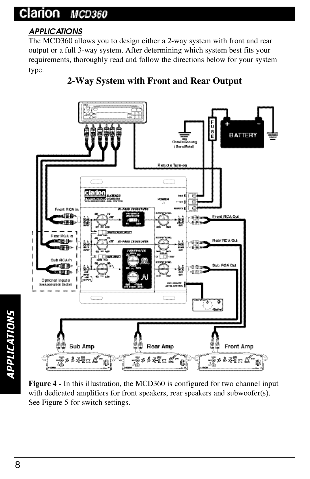 Clarion MCD360 manual Way System with Front and Rear Output, Applications 