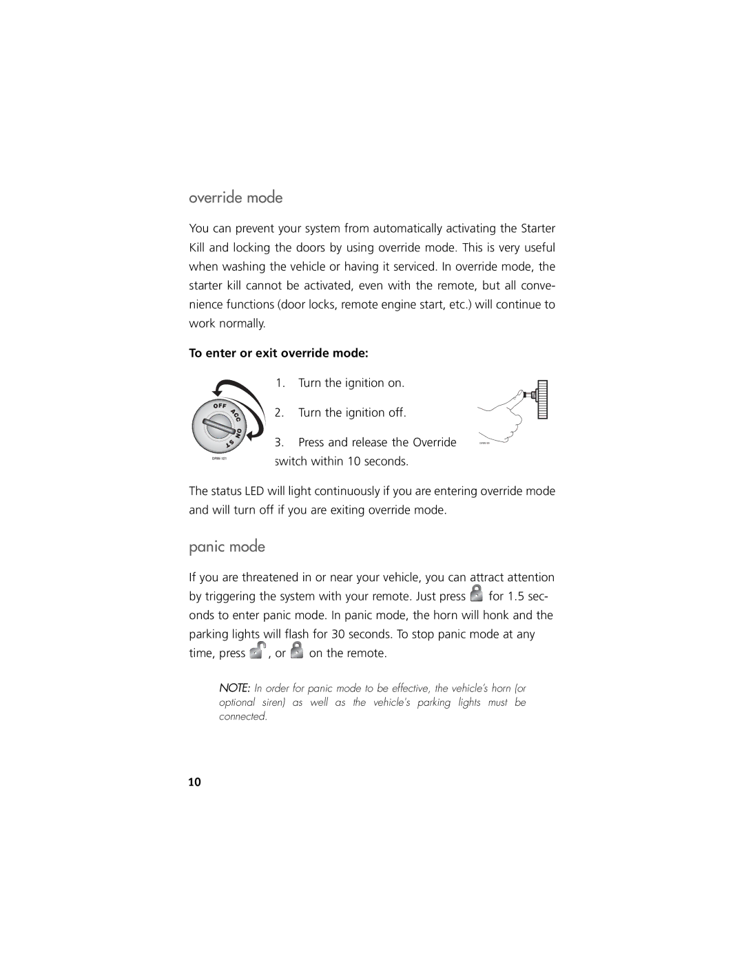 Clarion Model RK1 manual Override mode, Panic mode, To enter or exit override mode 