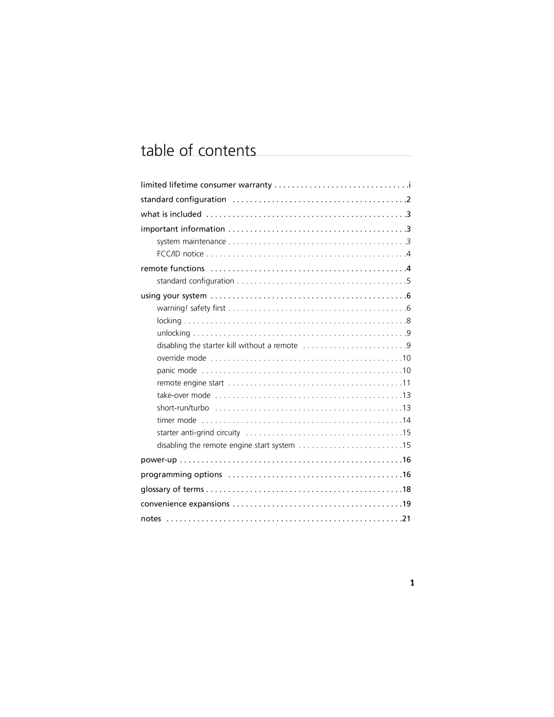 Clarion Model RK1 manual Table of contents 