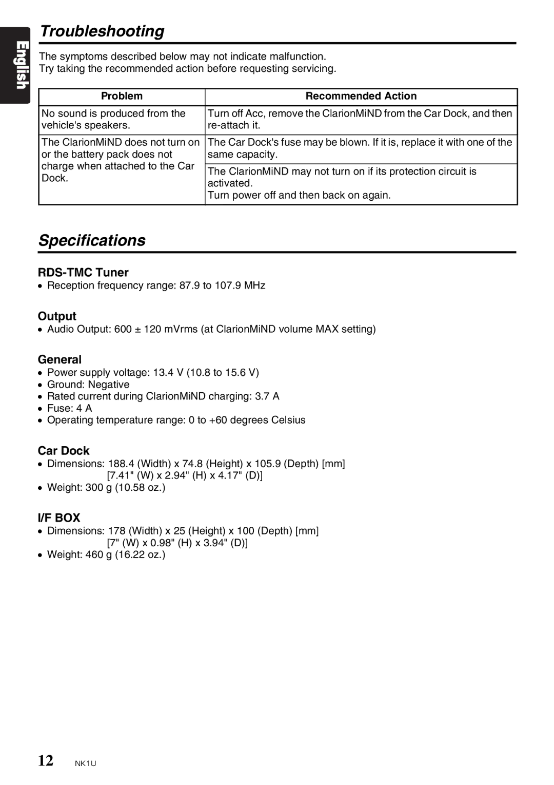 Clarion NK1U manual Troubleshooting, Specifications 