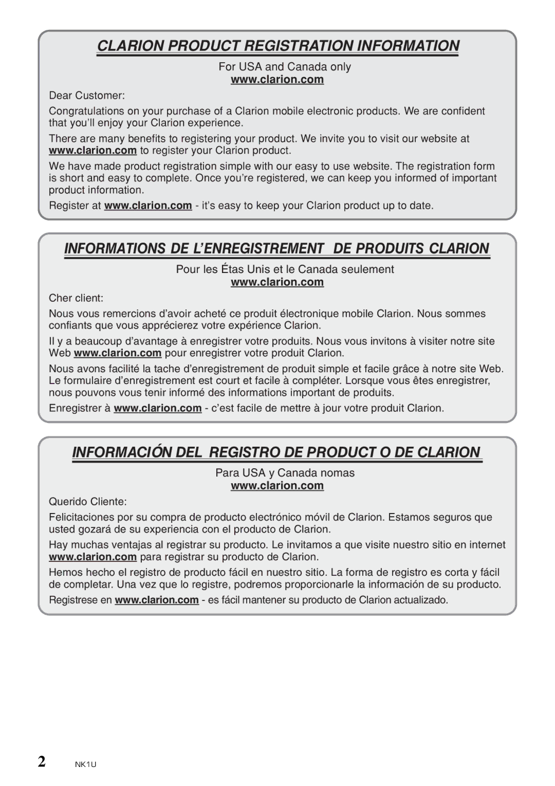 Clarion NK1U manual Clarion Product Registration Information 