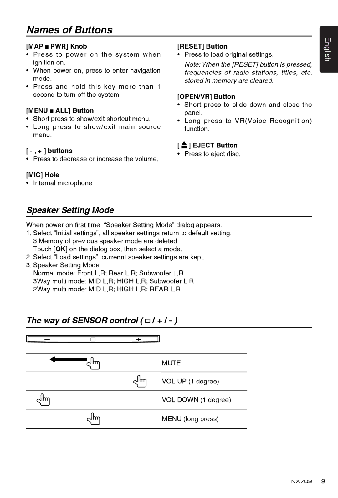 Clarion NX702 owner manual Names of Buttons, Speaker Setting Mode, Way of Sensor control / + 