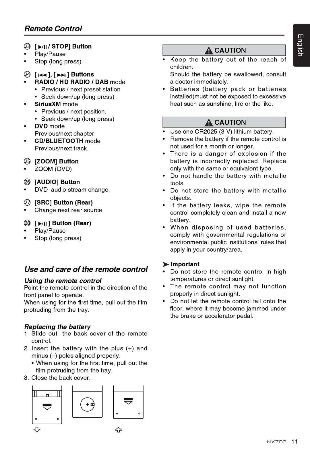 Clarion NX702 owner manual Remote Control, Use and care of the remote control 