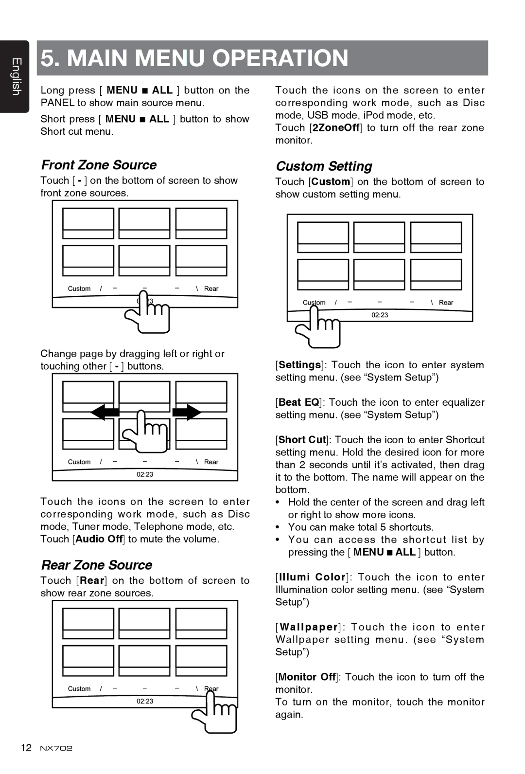 Clarion NX702 owner manual Front Zone Source Custom Setting, Rear Zone Source 