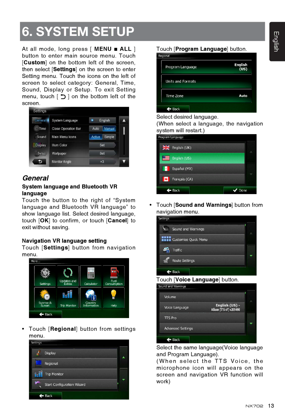 Clarion NX702 owner manual General, System language and Bluetooth VR language, Navigation VR language setting 