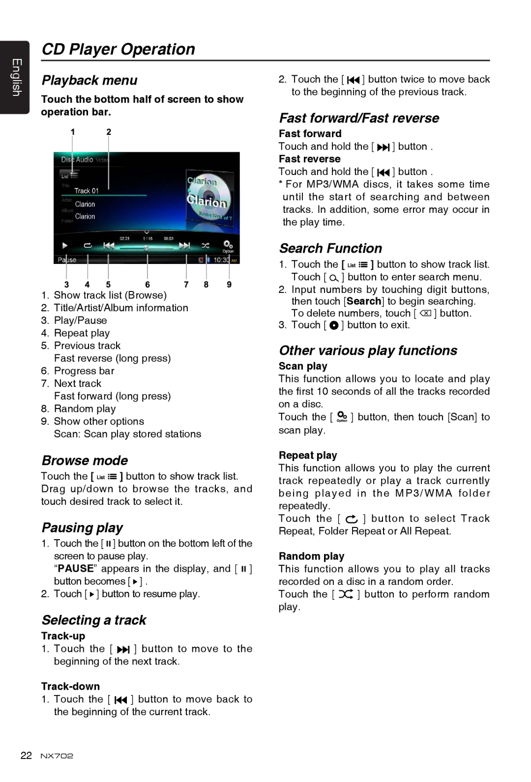 Clarion NX702 owner manual CD Player Operation, Browse mode, Selecting a track, Other various play functions 
