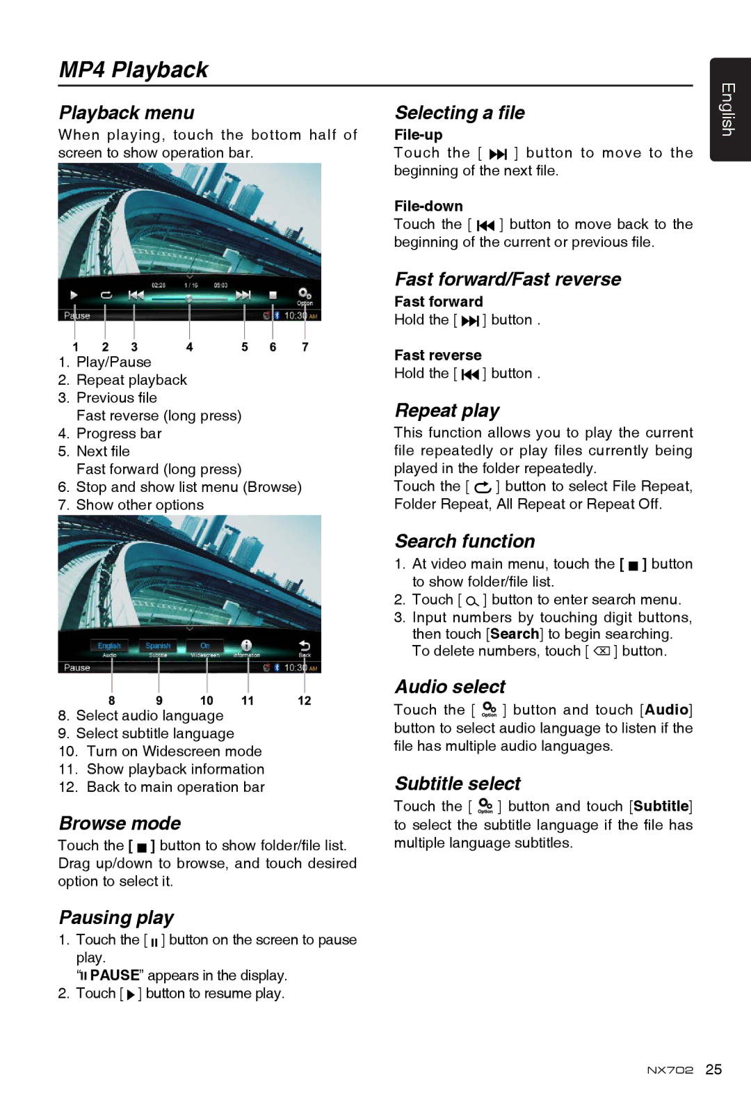 Clarion NX702 owner manual MP4 Playback, Selecting a file, Repeat play, Audio select, Subtitle select 