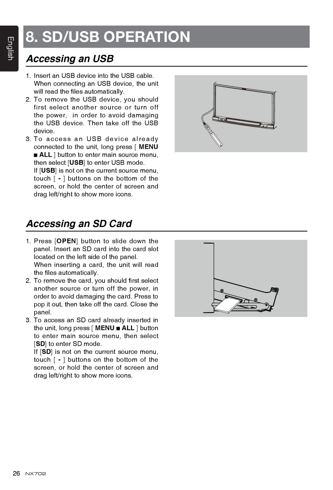 Clarion NX702 owner manual Accessing an USB, Accessing an SD Card 