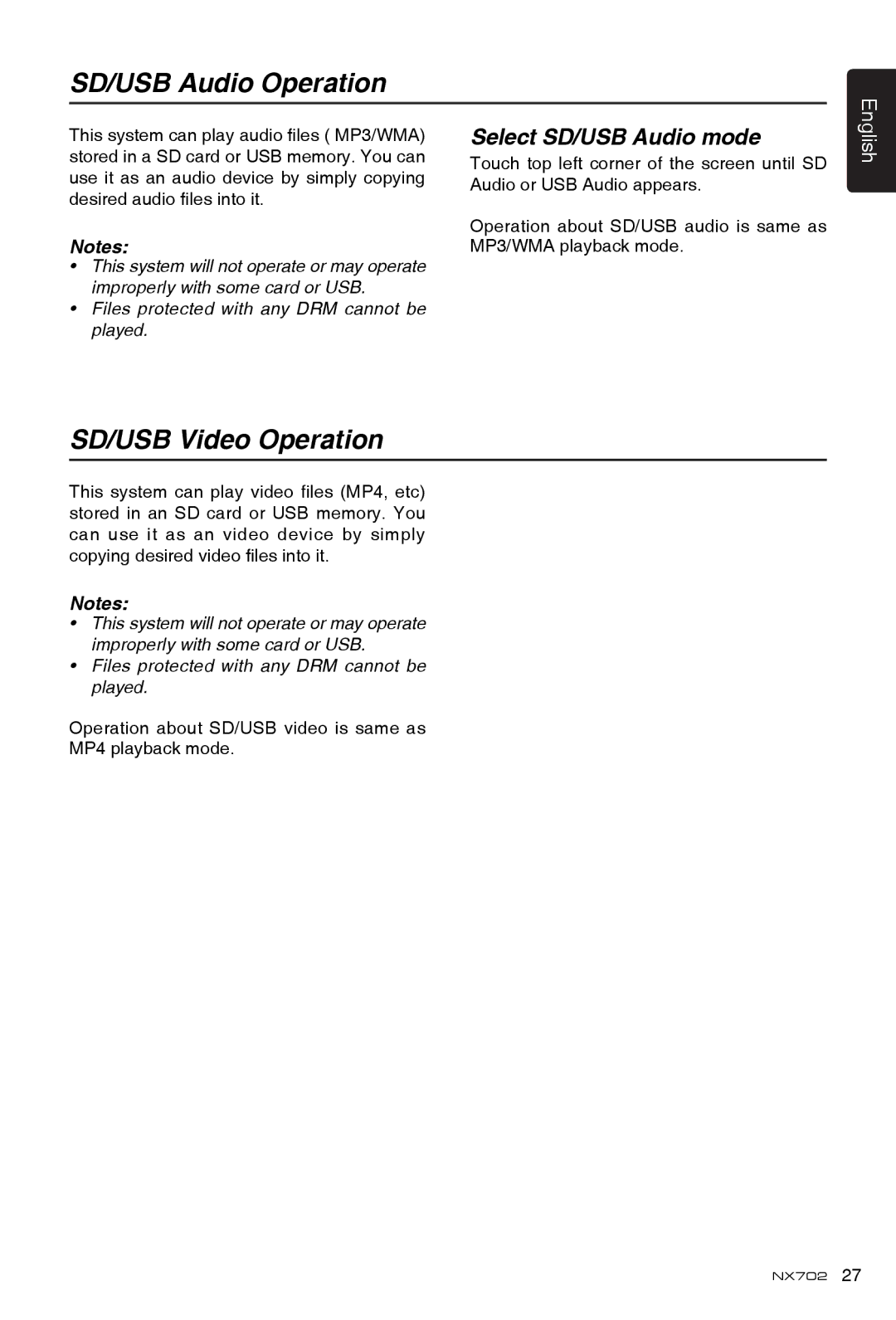 Clarion NX702 owner manual SD/USB Audio Operation, SD/USB Video Operation, Select SD/USB Audio mode 