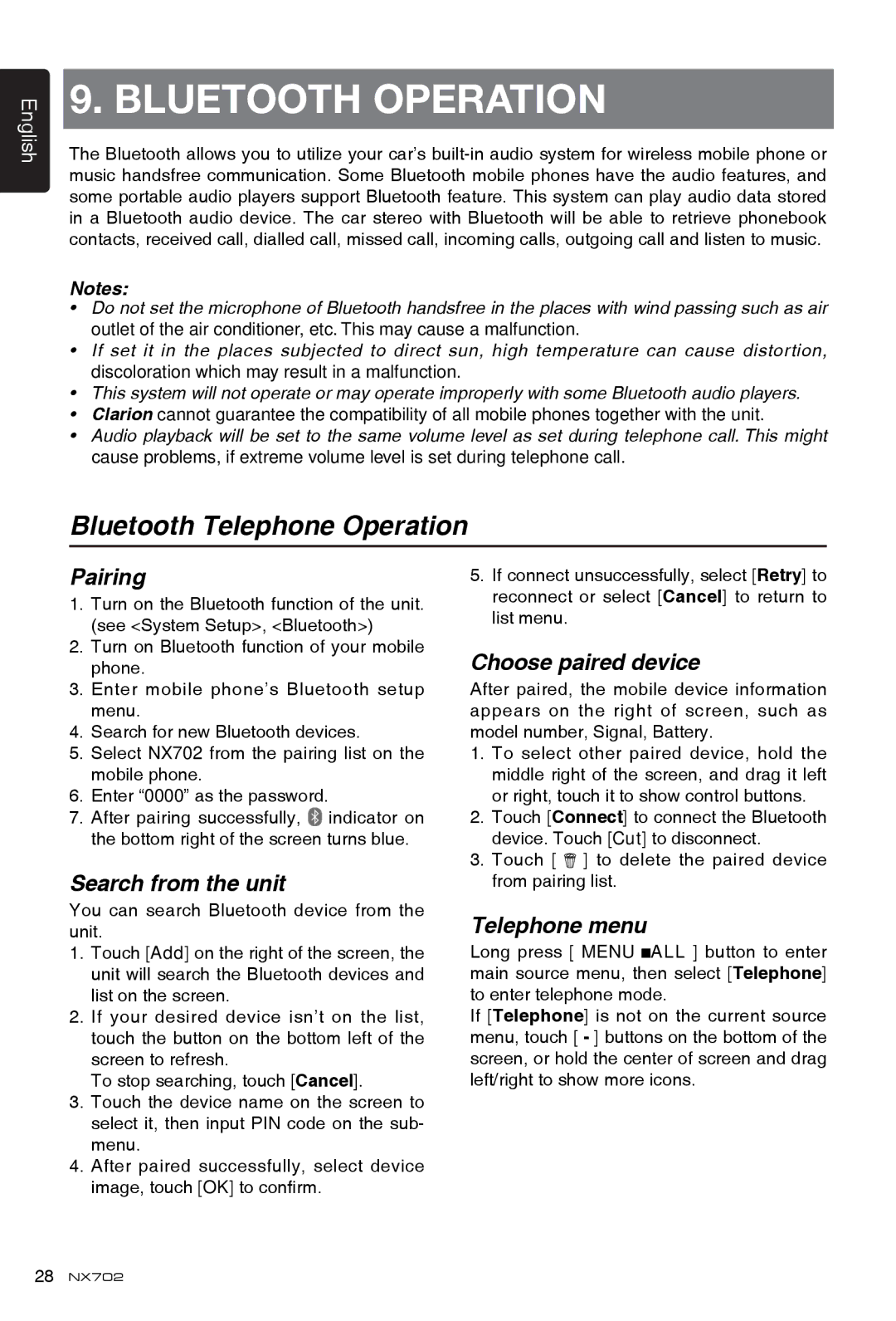 Clarion NX702 Bluetooth Telephone Operation, Pairing, Search from the unit, Choose paired device, Telephone menu 