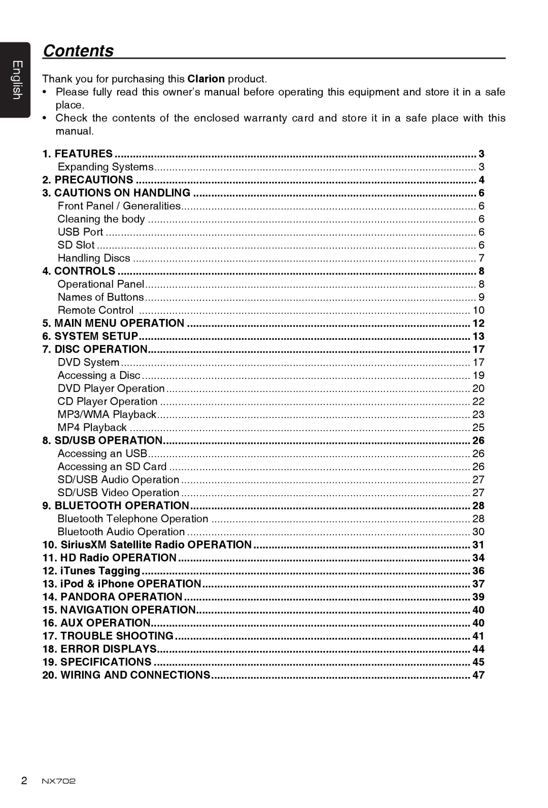 Clarion NX702 owner manual Contents 