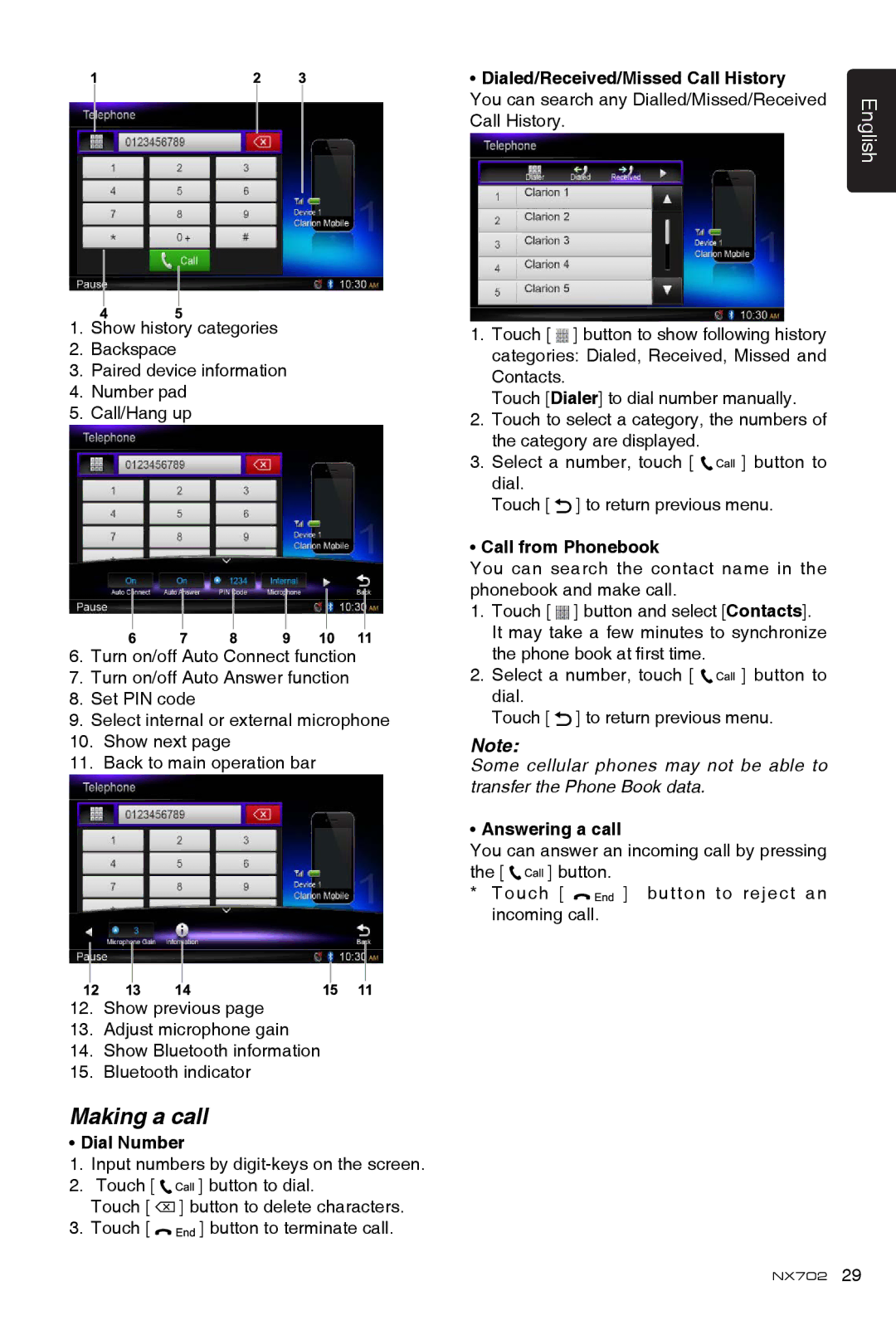 Clarion NX702 owner manual Making a call, Dial Number, Call from Phonebook, Answering a call 