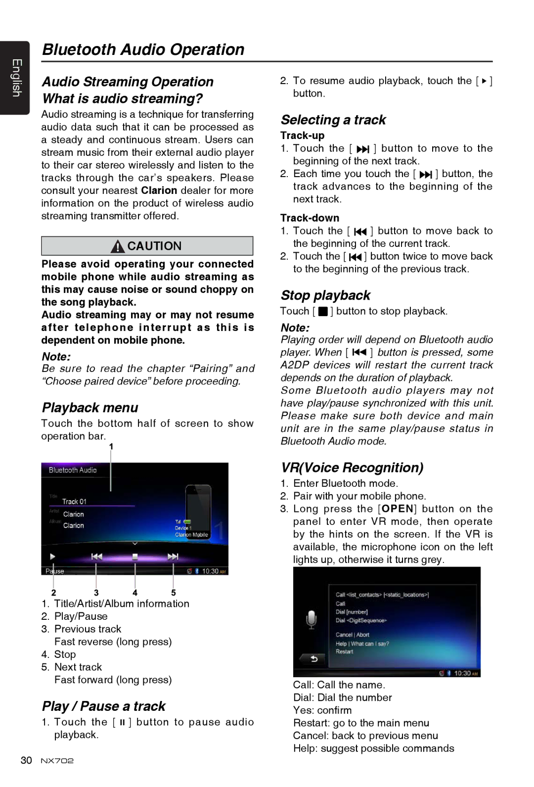 Clarion NX702 owner manual Bluetooth Audio Operation, Audio Streaming Operation What is audio streaming?, Stop playback 