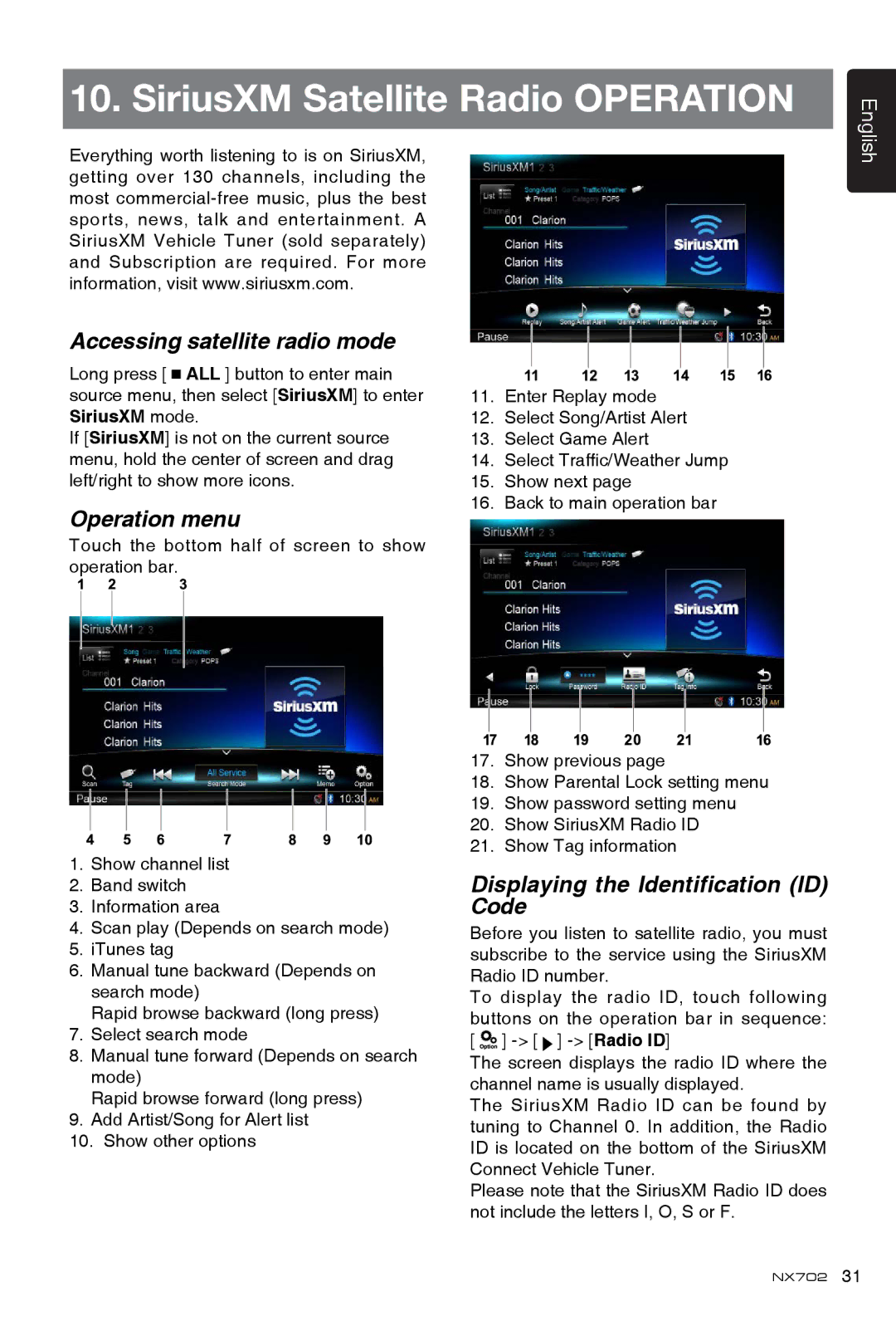 Clarion NX702 owner manual Accessing satellite radio mode, Operation menu, Displaying the Identification ID Code 