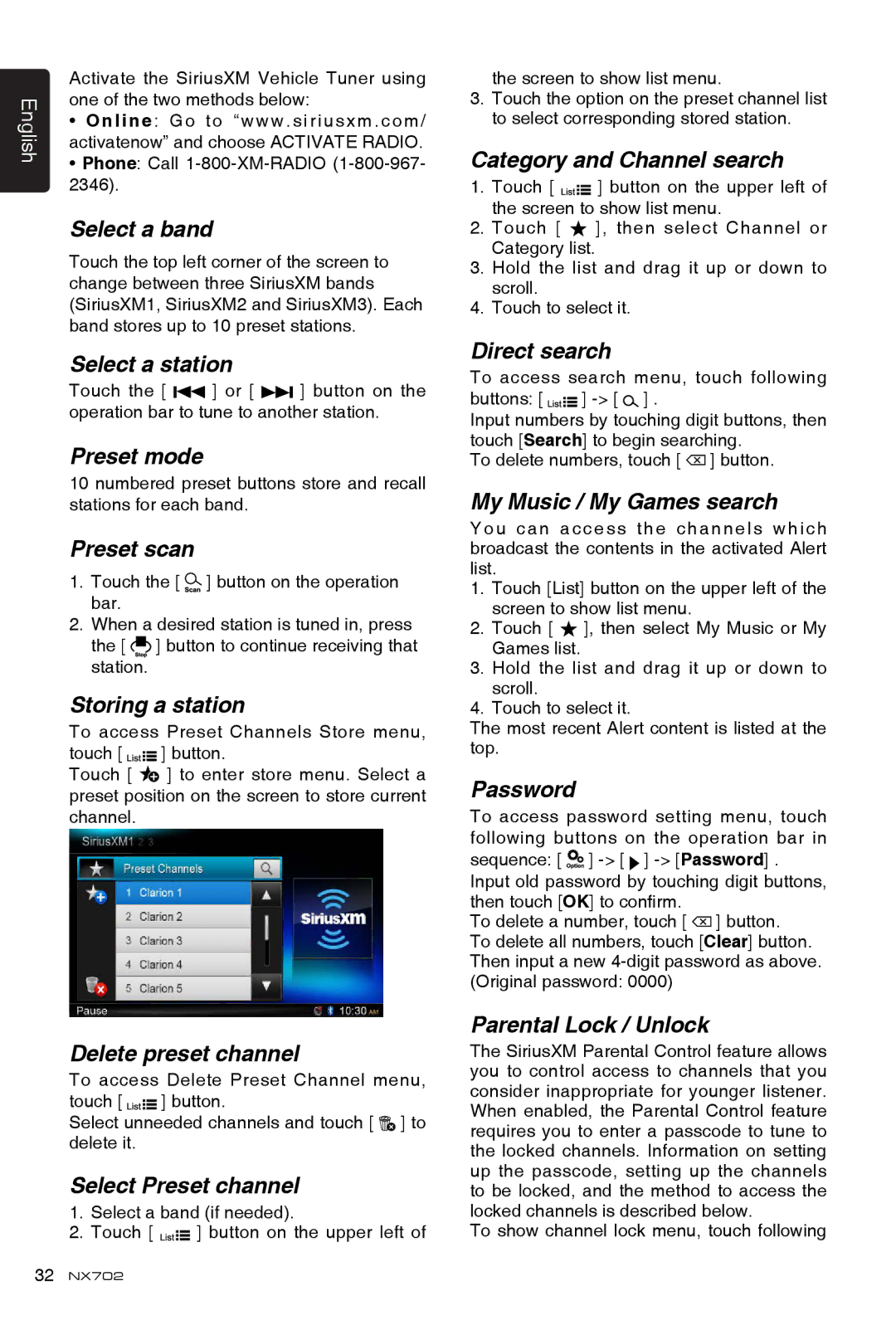 Clarion NX702 Select a band, Select a station, Preset mode, Preset scan, Storing a station, Delete preset channel 