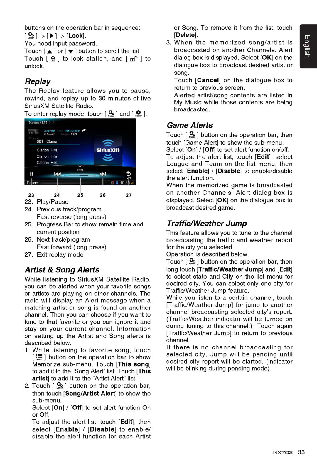 Clarion NX702 owner manual Replay, Artist & Song Alerts, Game Alerts, Traffic/Weather Jump 