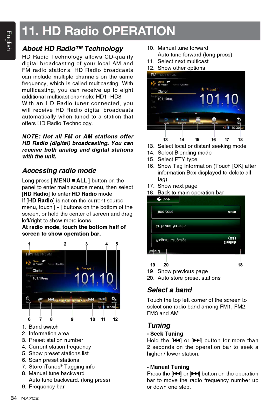 Clarion NX702 owner manual About HD Radio Technology, Accessing radio mode, Seek Tuning, Manual Tuning 