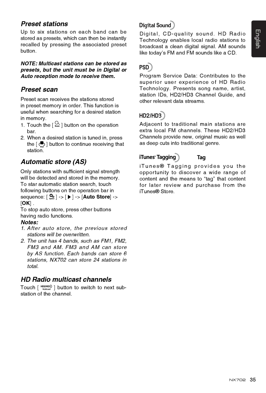 Clarion NX702 owner manual Preset stations, Automatic store AS, HD Radio multicast channels 