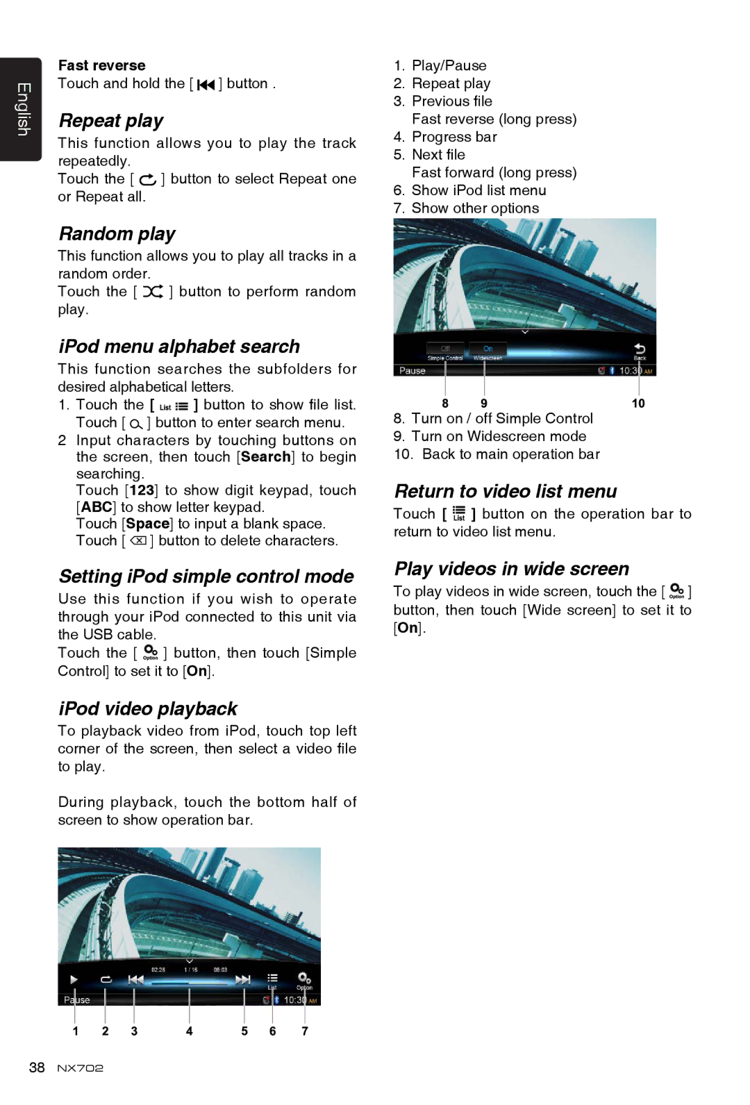 Clarion NX702 owner manual Random play, IPod menu alphabet search, Setting iPod simple control mode, IPod video playback 