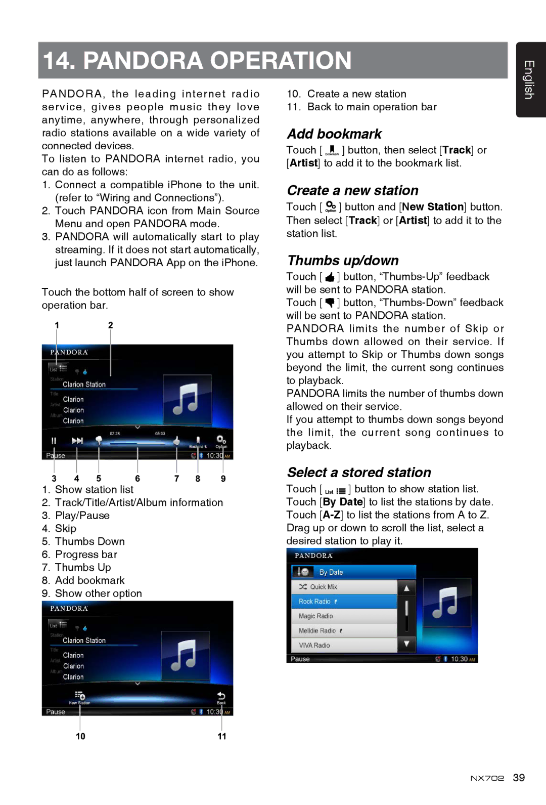 Clarion NX702 owner manual Add bookmark, Create a new station, Thumbs up/down, Select a stored station 