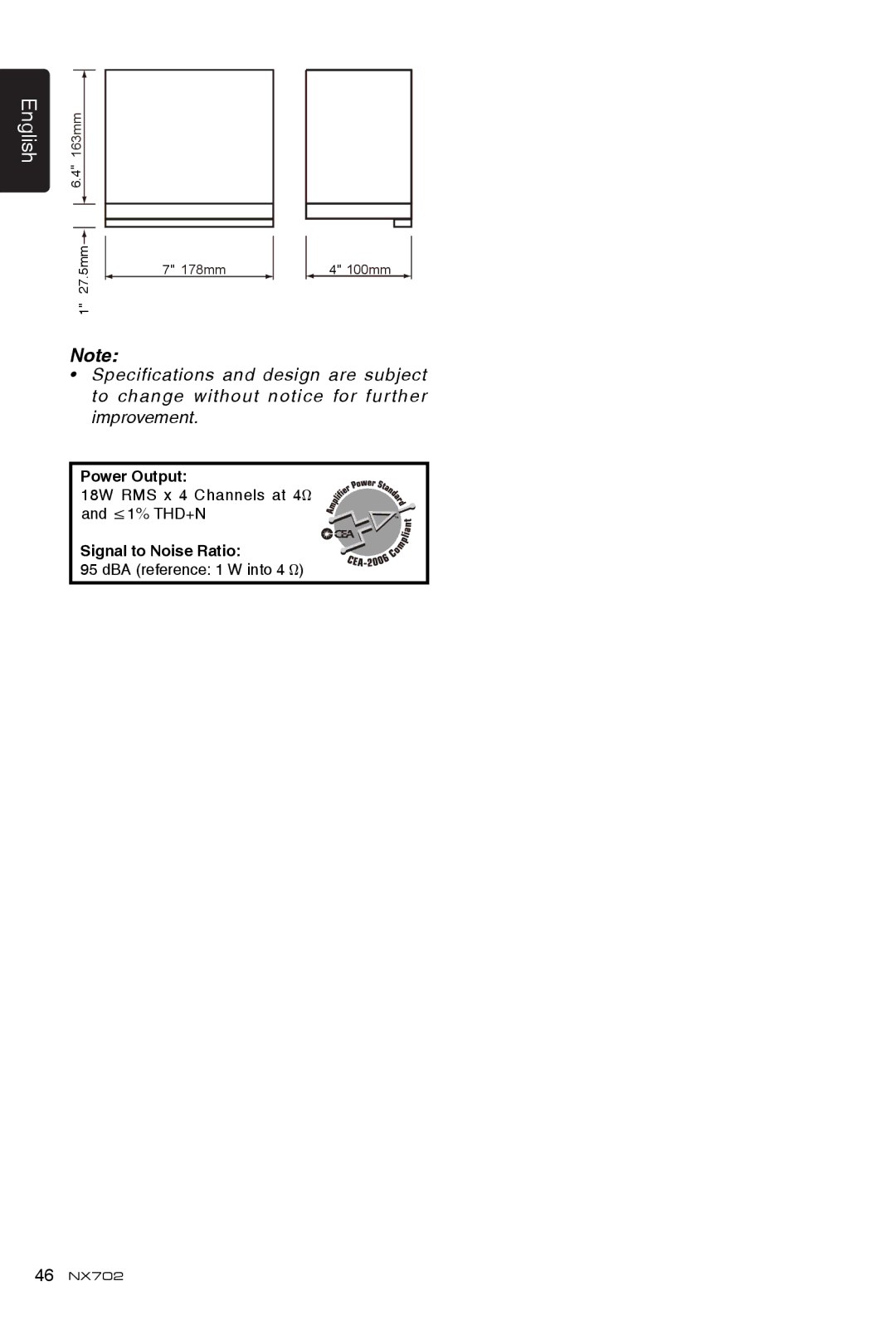 Clarion NX702 owner manual Power Output 