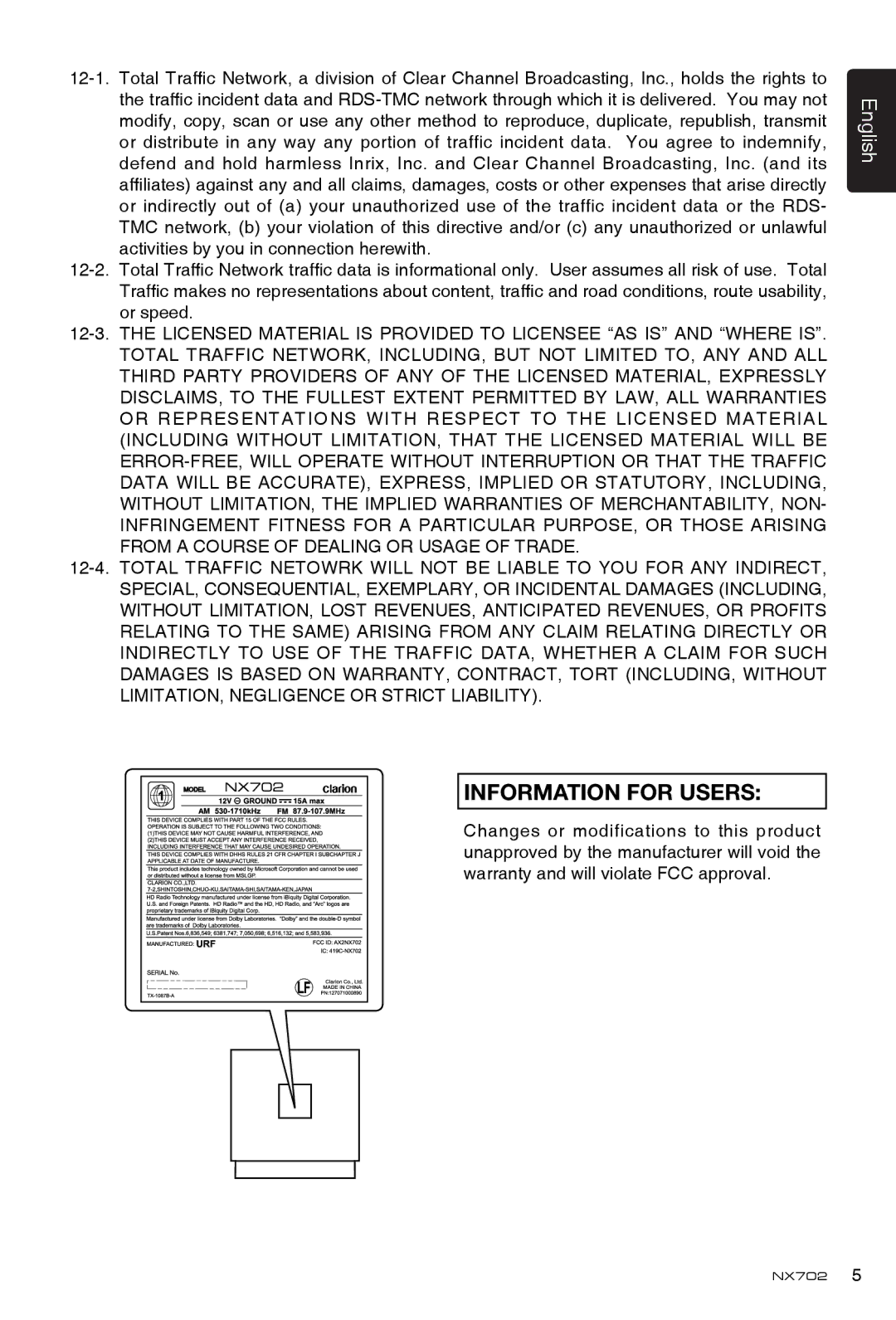 Clarion NX702 owner manual Information for Users 