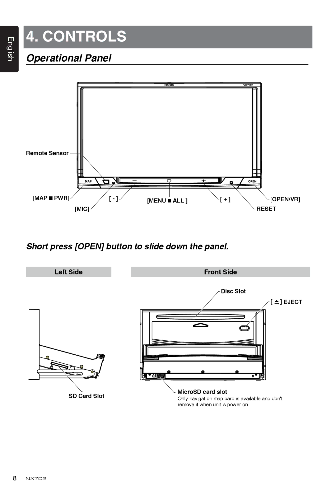 Clarion NX702 owner manual Operational Panel, Short press Open button to slide down the panel, Left Side Front Side 