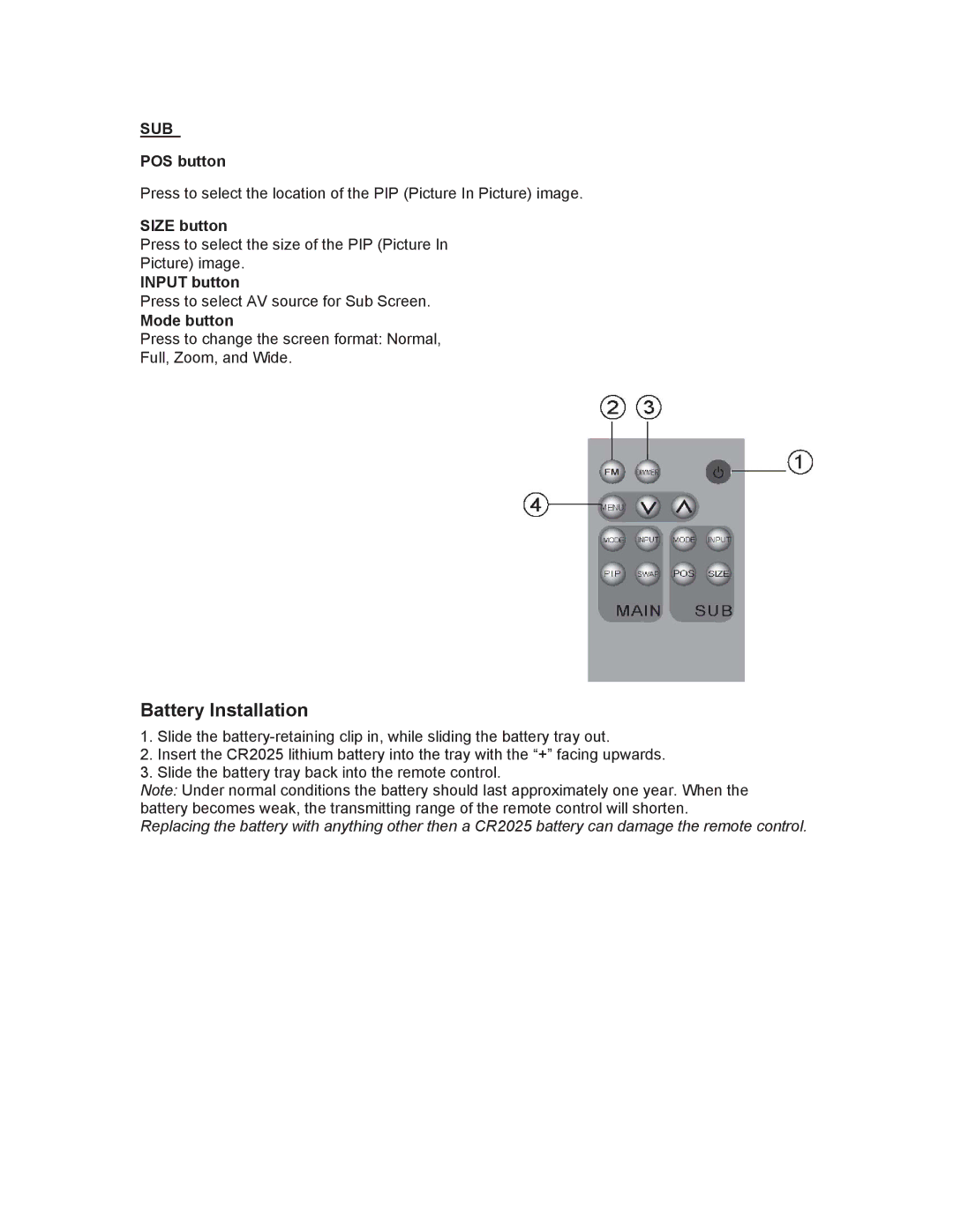 Clarion OHM102/OHM153 manual Battery Installation, POS button, Size button 