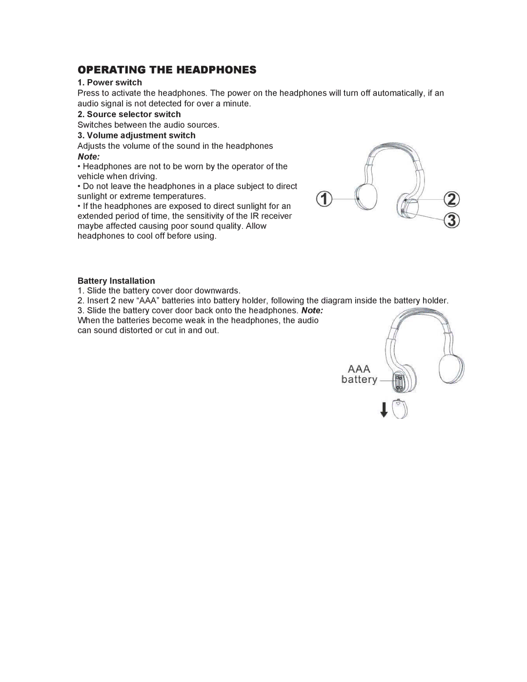 Clarion OHM102/OHM153 manual Operating the Headphones, Power switch, Battery Installation 