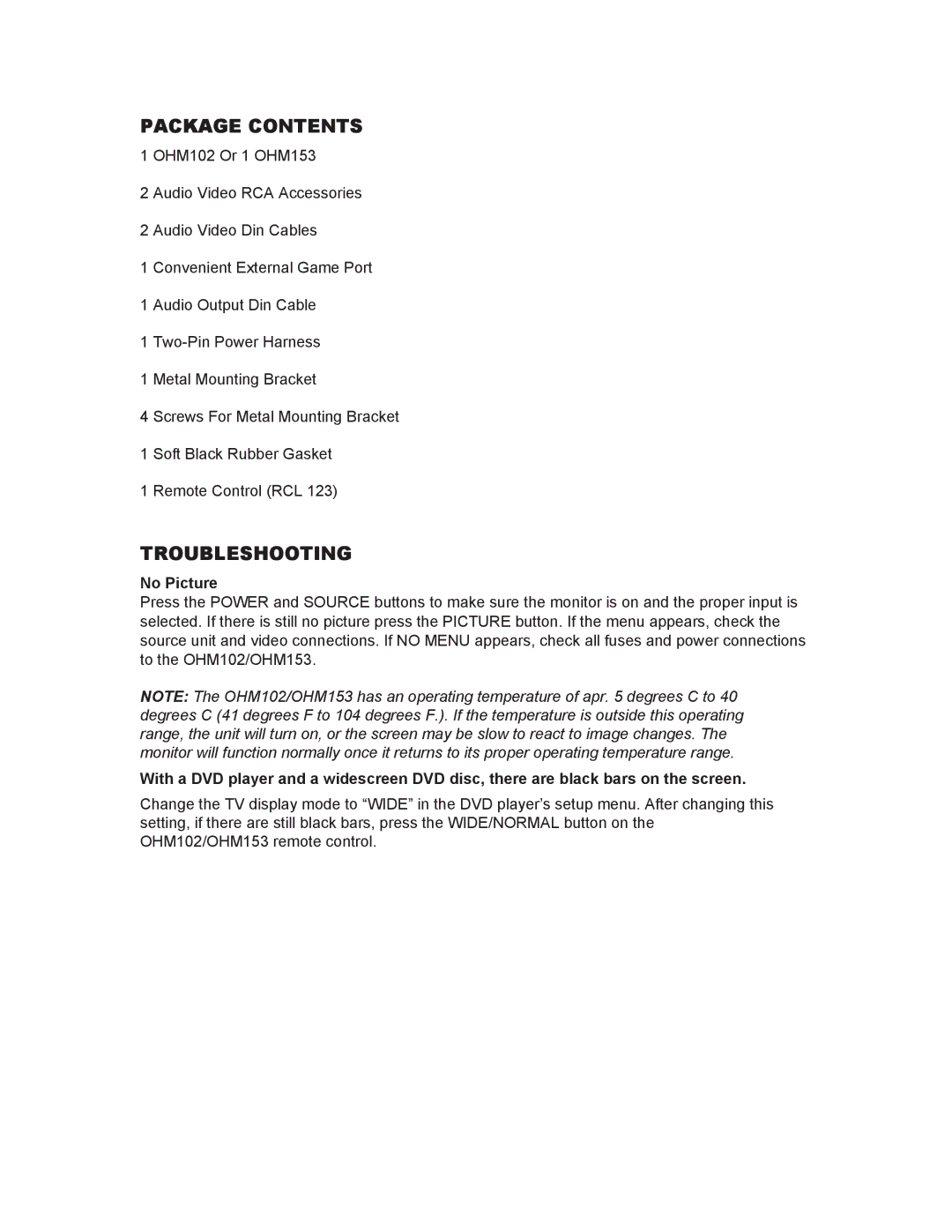 Clarion OHM102/OHM153 manual Package Contents, Troubleshooting 