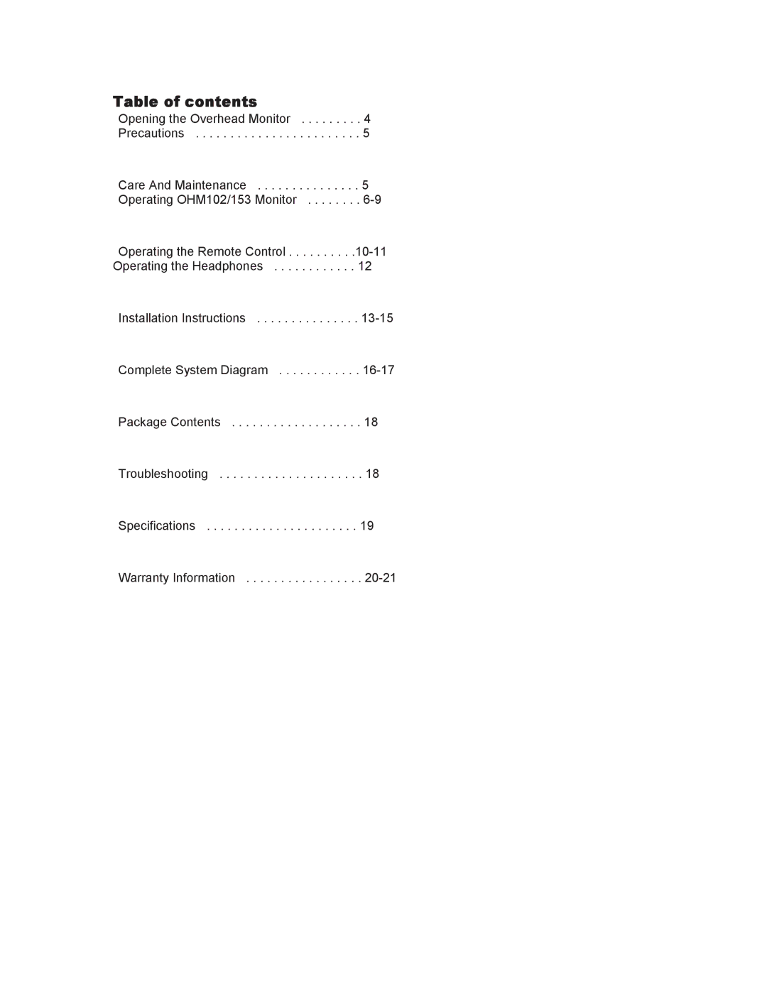 Clarion OHM102/OHM153 manual Table of contents 