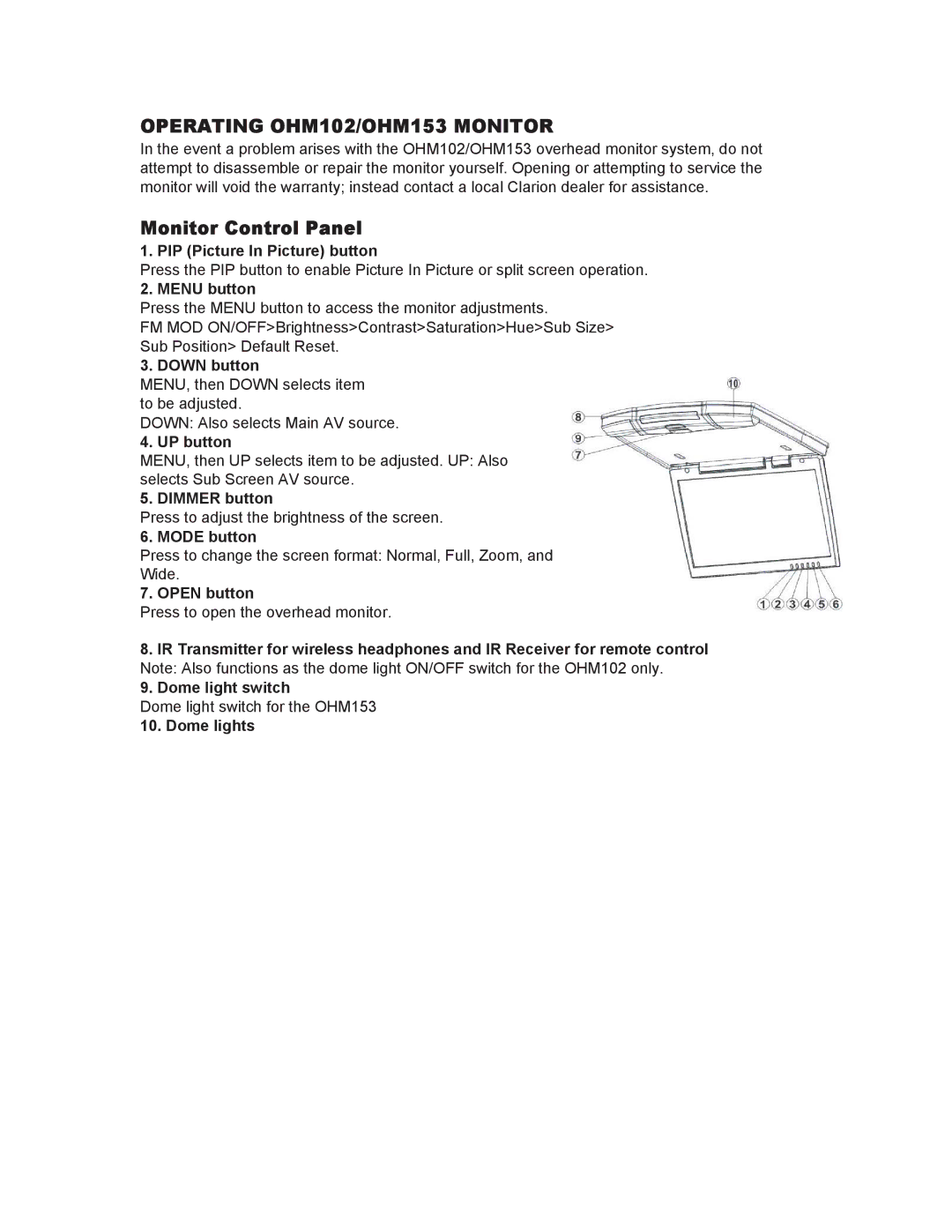 Clarion manual Operating OHM102/OHM153 Monitor, Monitor Control Panel 