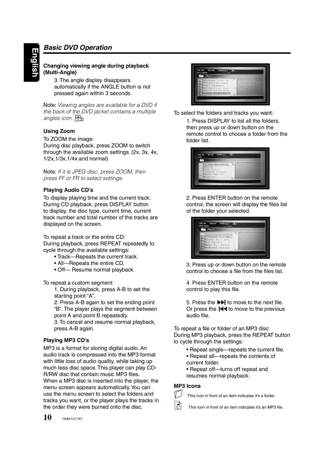 Clarion OHM107VD manual Using Zoom, Playing Audio CDs, Playing MP3 CDs, MP3 Icons 