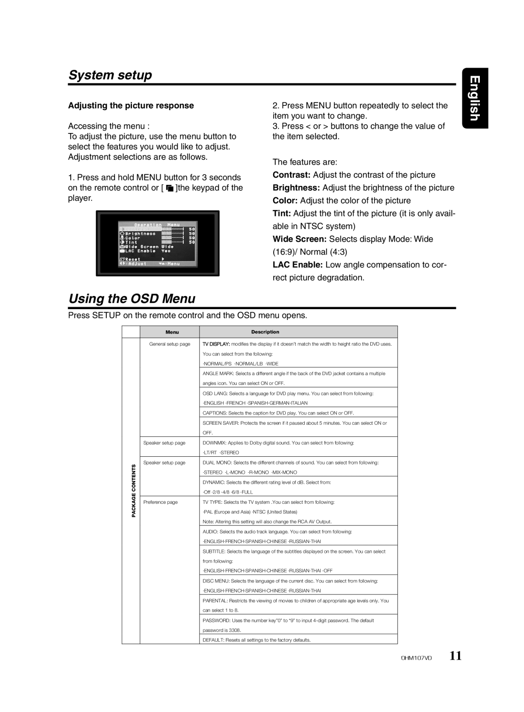 Clarion OHM107VD manual System setup, Using the OSD Menu, Adjusting the picture response 