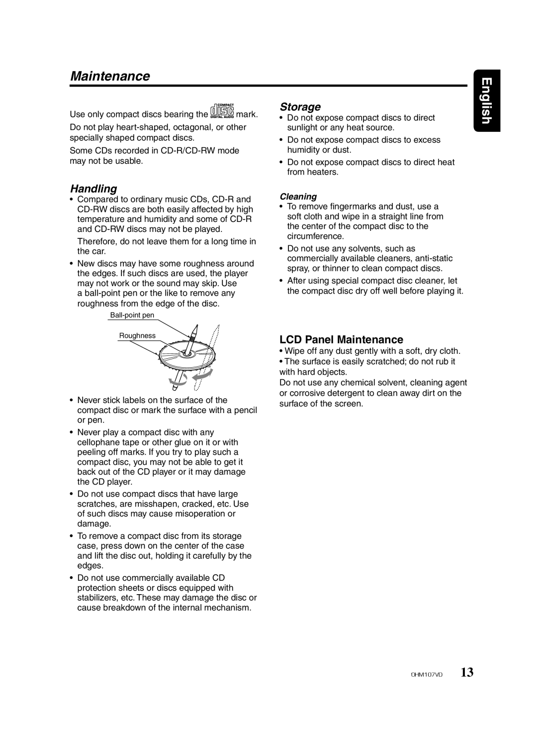 Clarion OHM107VD manual Maintenance, Storage 