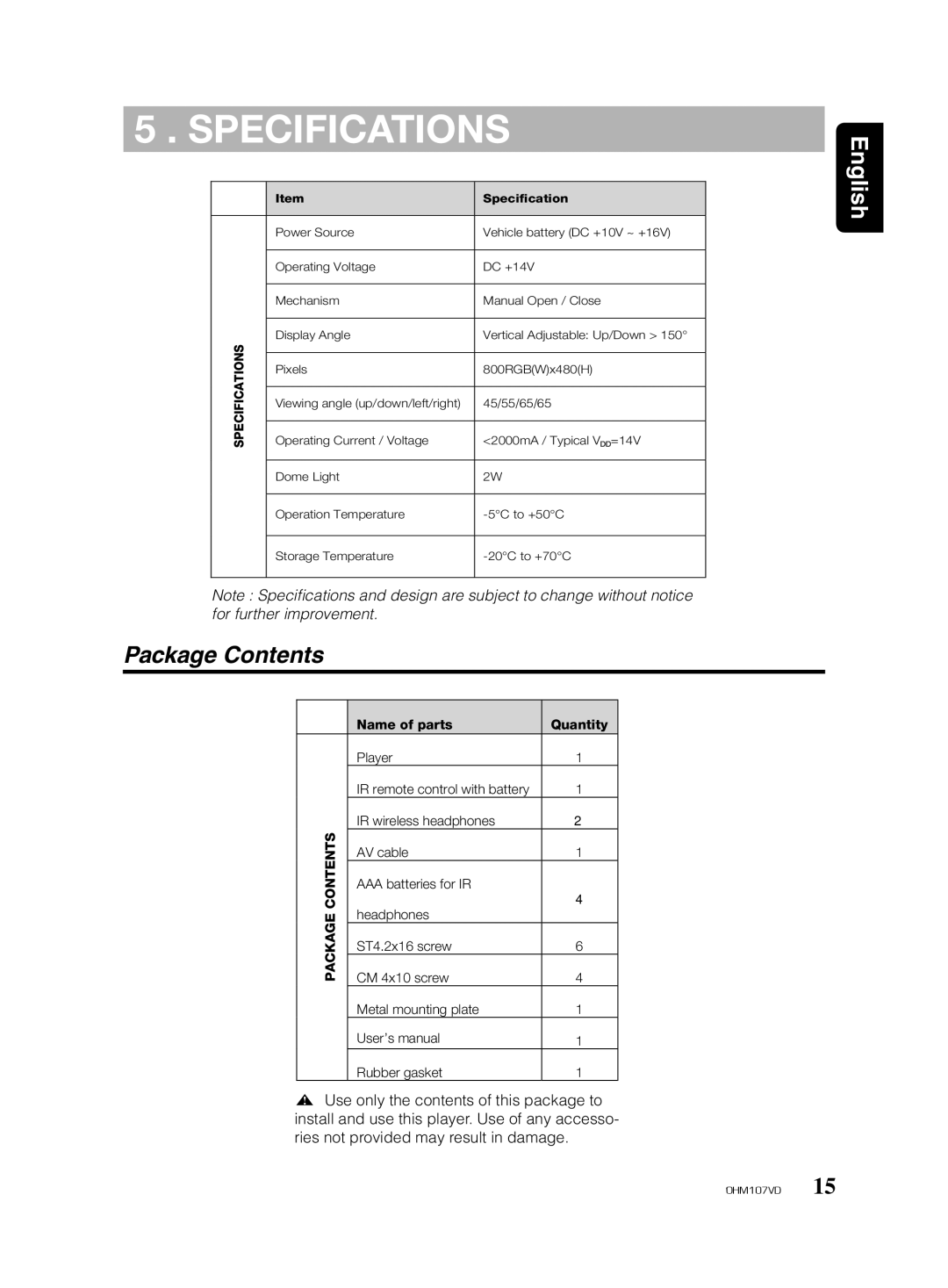 Clarion OHM107VD manual Specifications, Package Contents 