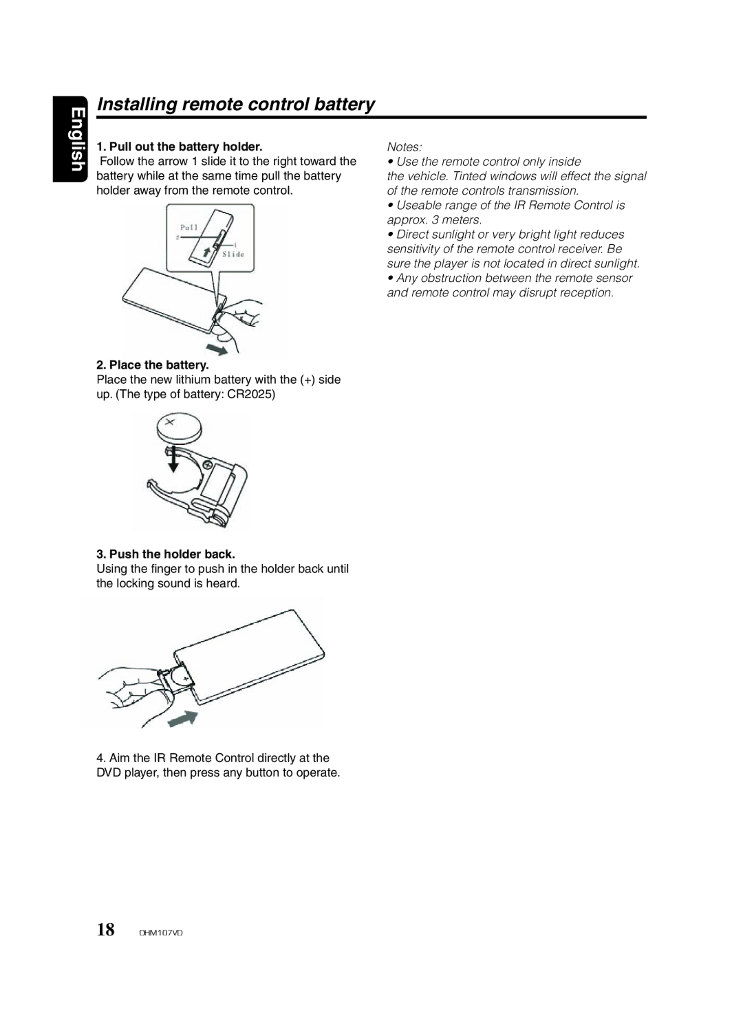 Clarion OHM107VD Installing remote control battery, Pull out the battery holder, Place the battery, Push the holder back 