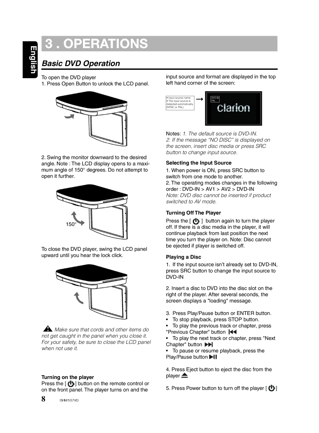 Clarion OHM107VD manual Operations, English Basic DVD Operation 