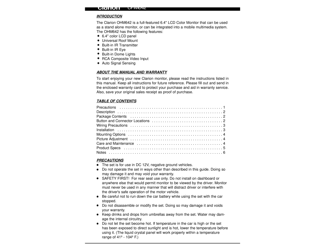 Clarion OHM642 owner manual Introduction, About the Manual and Warranty, Table of Contents, Precautions 