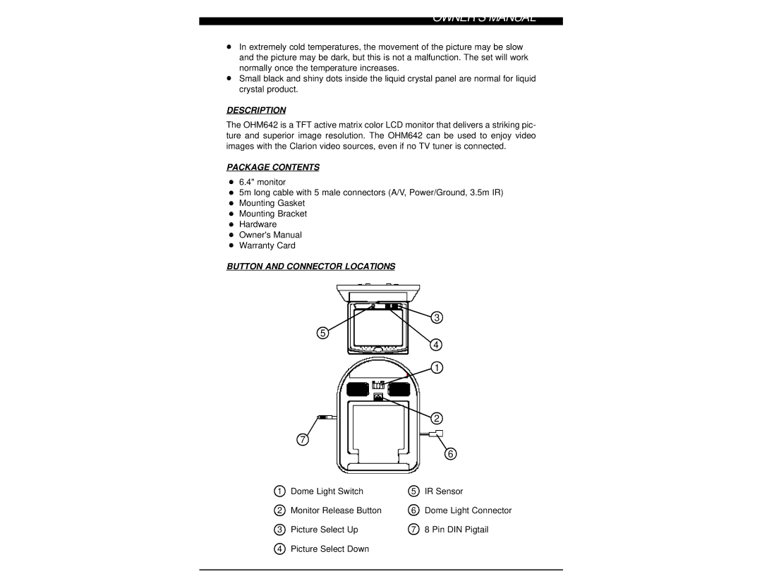 Clarion OHM642 owner manual Description, Package Contents, Button and Connector Locations 