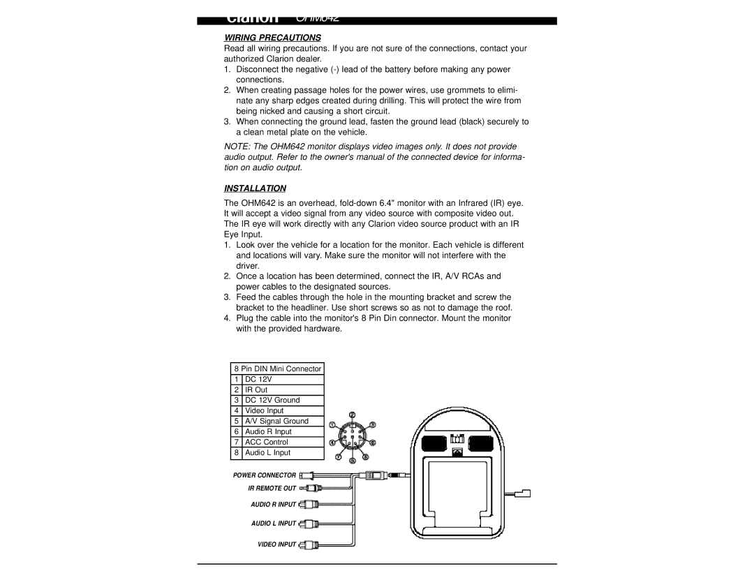 Clarion OHM642 owner manual Wiring Precautions, Installation 