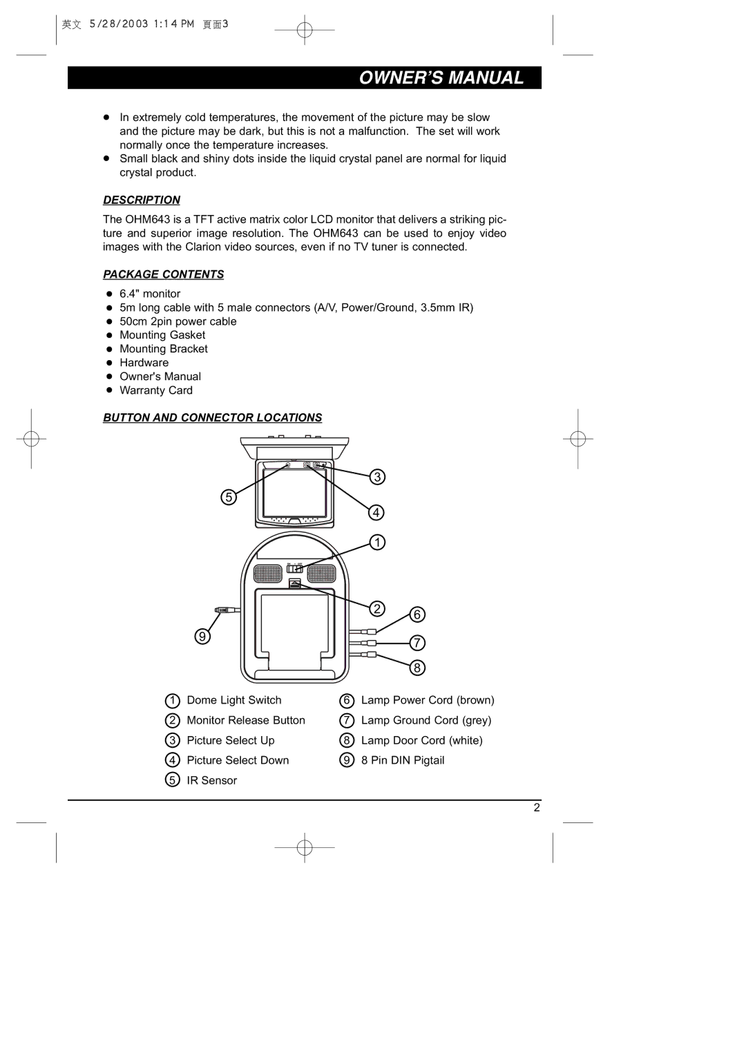 Clarion OHM643 owner manual Description, Package Contents, Button and Connector Locations 