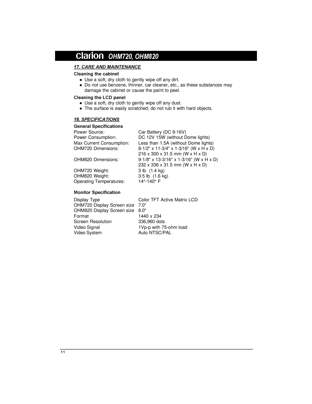 Clarion OHM720, OHM820 owner manual Care and Maintenance, Specifications 