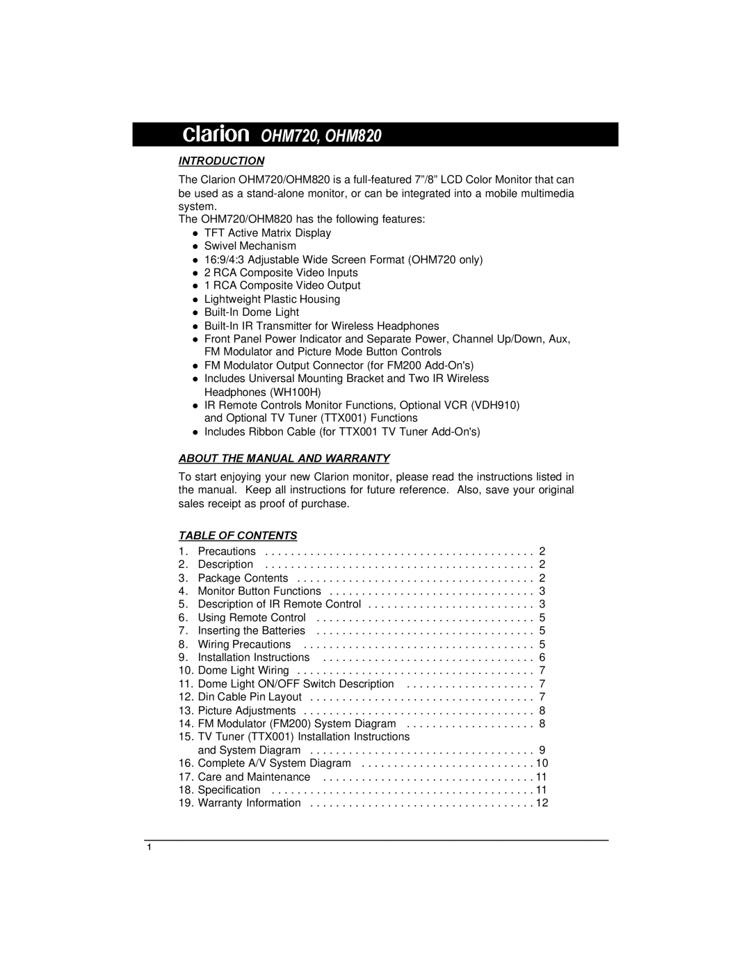 Clarion OHM720, OHM820 owner manual Introduction, About the Manual and Warranty, Table of Contents 