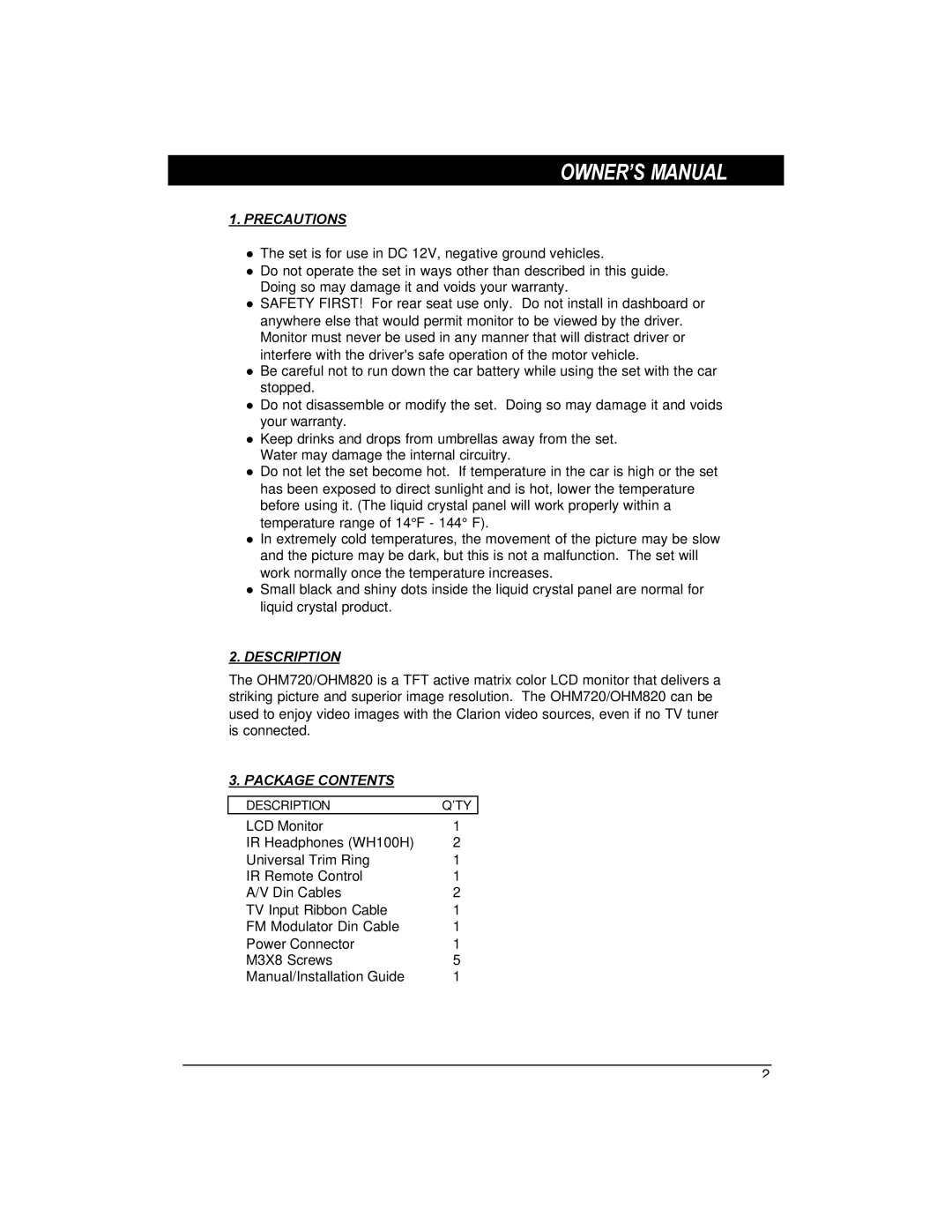 Clarion OHM820, OHM720 owner manual Precautions, Description, Package Contents 