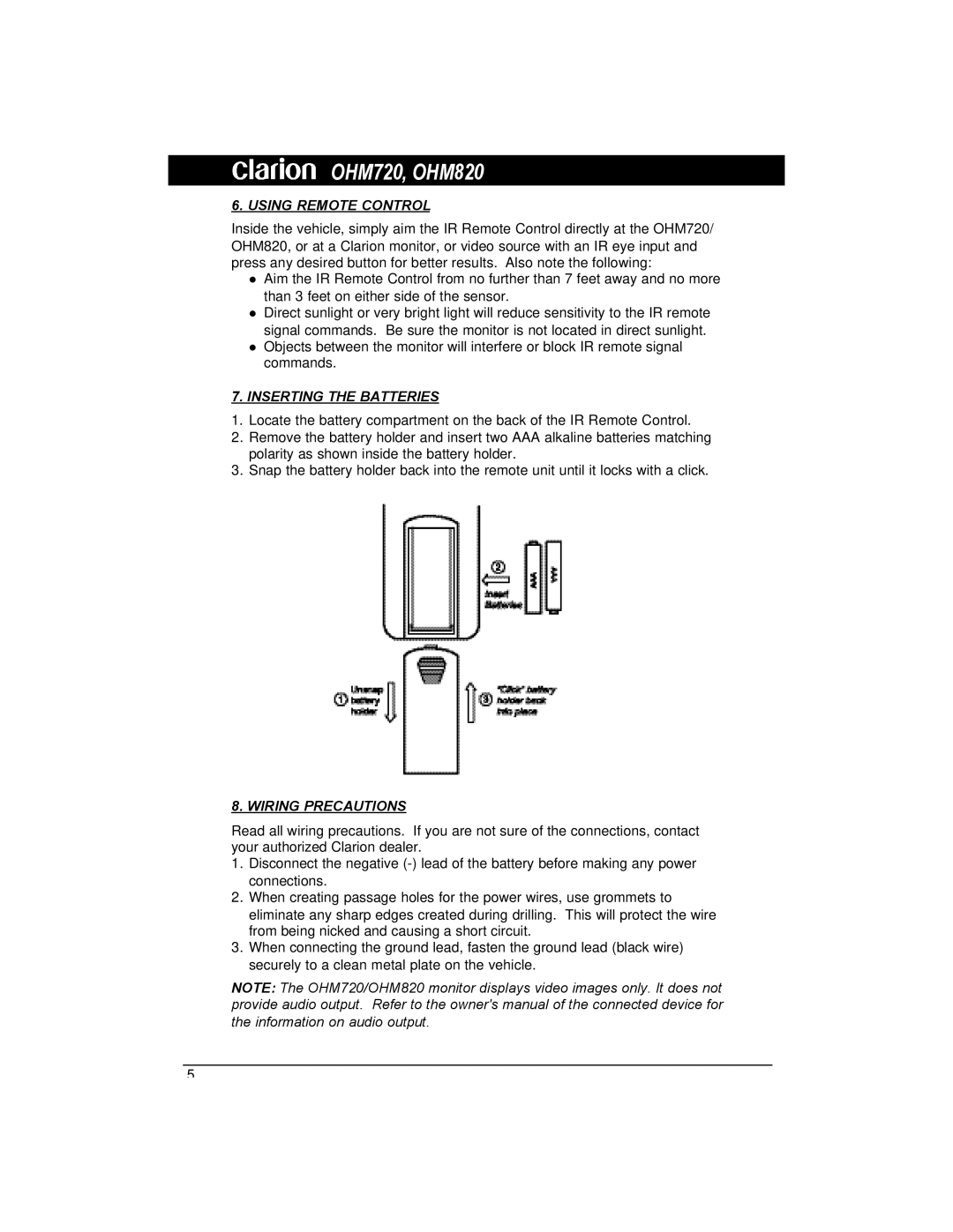 Clarion OHM720, OHM820 owner manual Using Remote Control, Inserting the Batteries, Wiring Precautions 