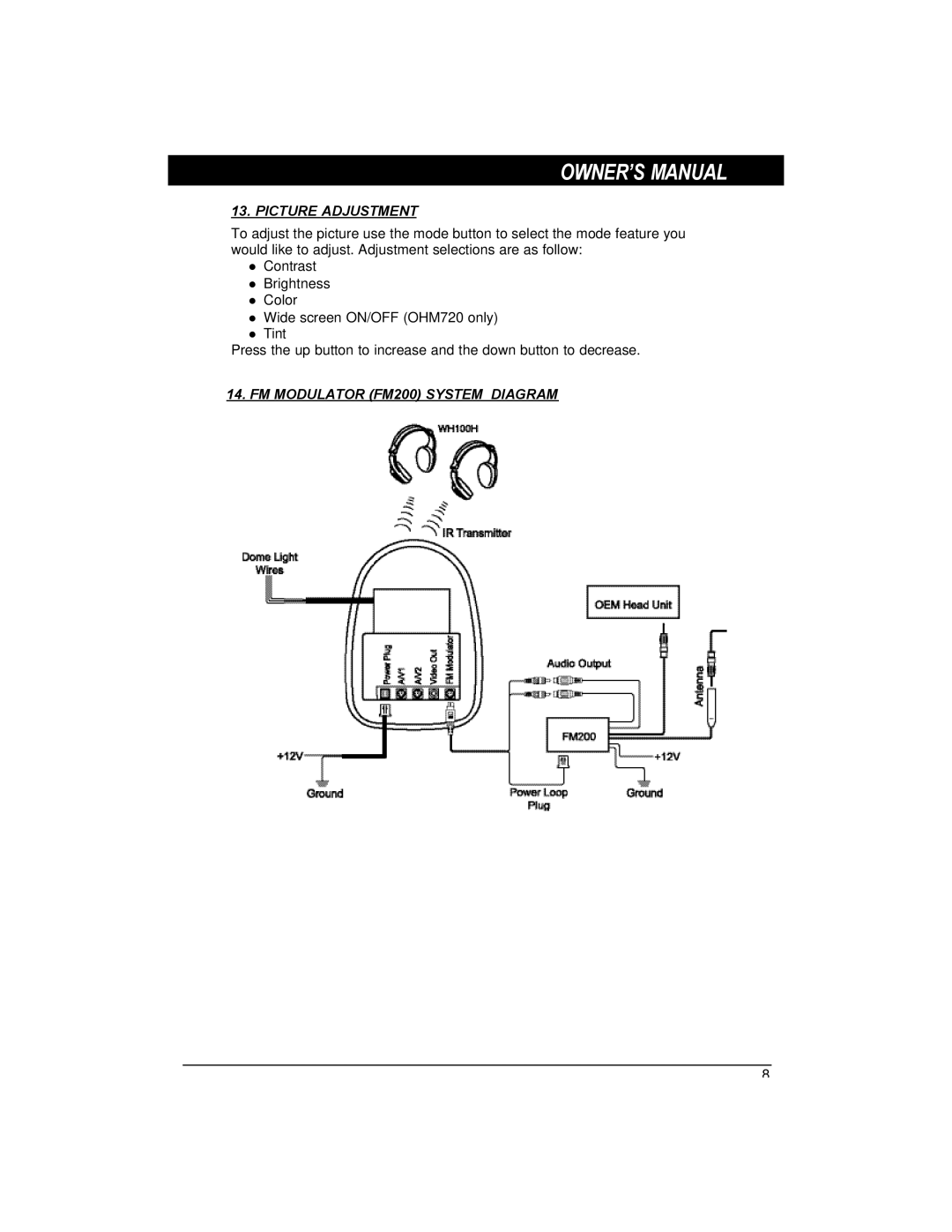 Clarion OHM820, OHM720 owner manual Picture Adjustment, FM Modulator FM200 System Diagram 