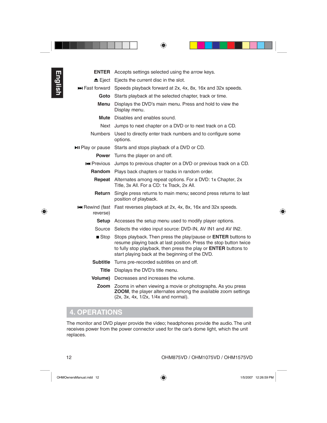 Clarion OHM875VD owner manual Operations, Enter 