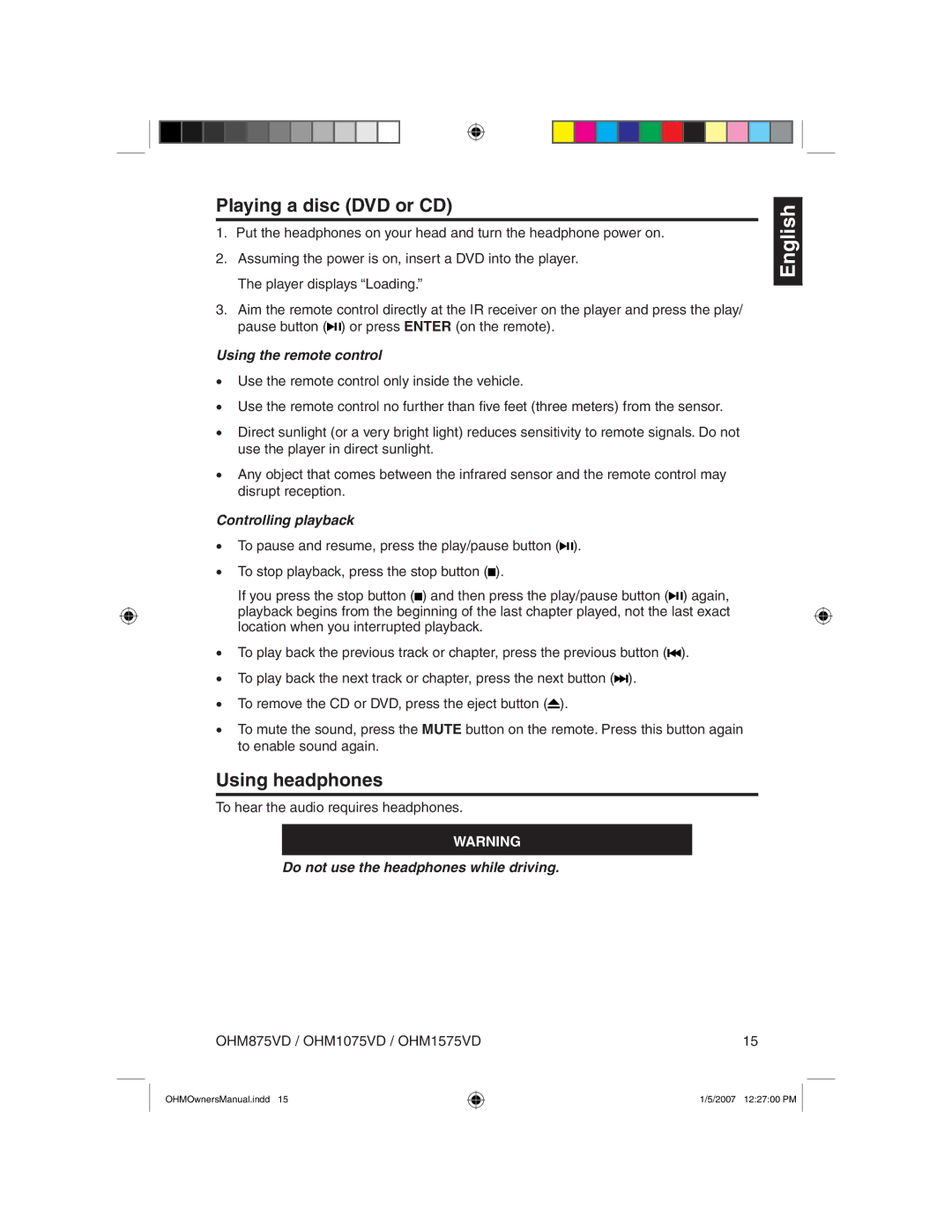 Clarion OHM875VD owner manual Playing a disc DVD or CD, Using headphones, Using the remote control, Controlling playback 